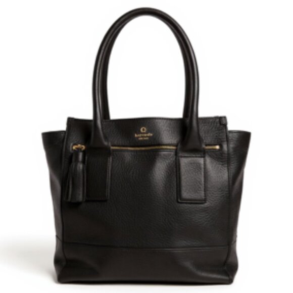 Kate Spade New York Black Pebbled Leather Tote Travel Bag w/ Striped Lining - Picture 1 of 13